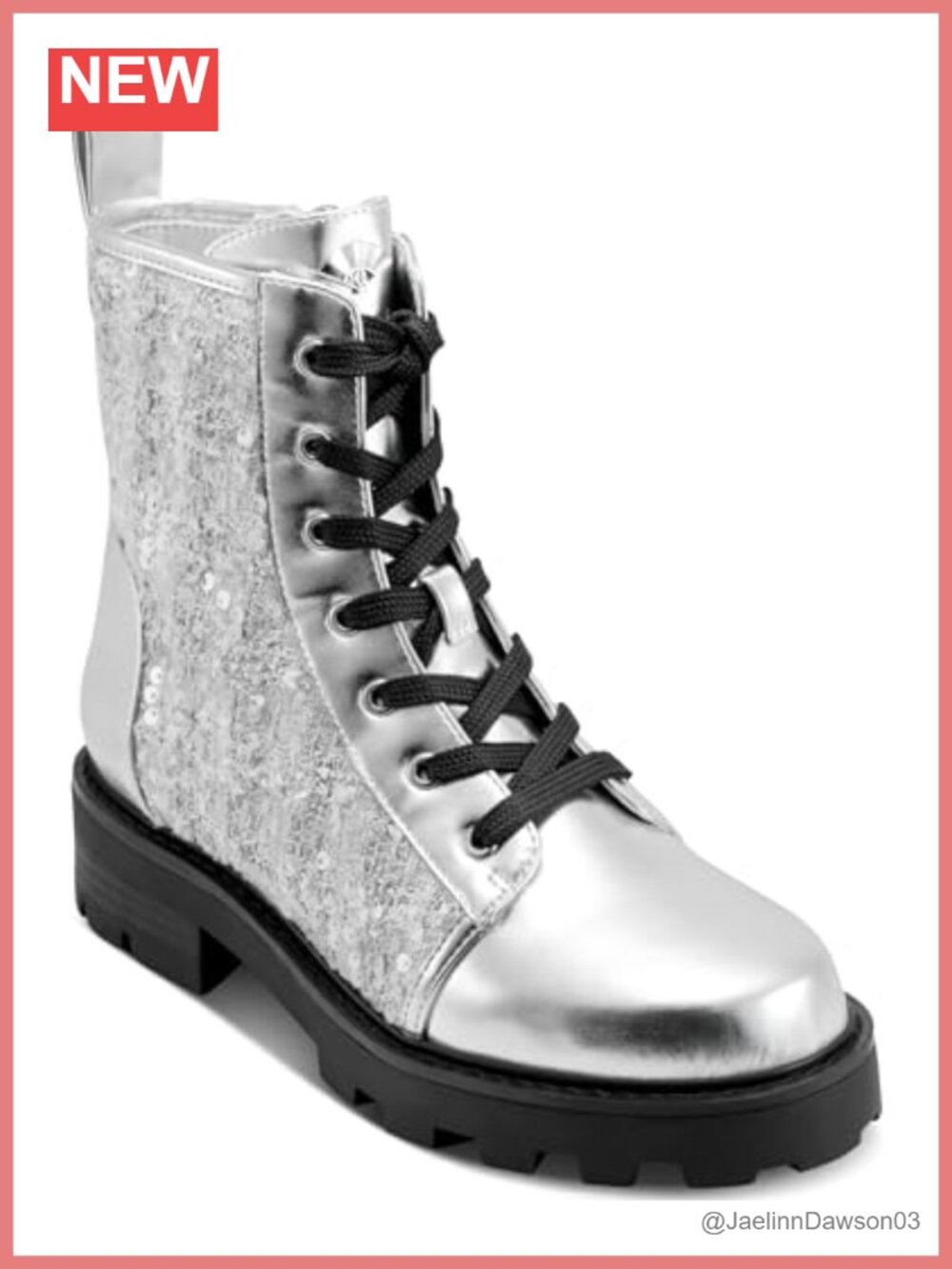 Karl Lagerfeld Marlee Sequin Combat Ankle Boots Lace Up Block Heel